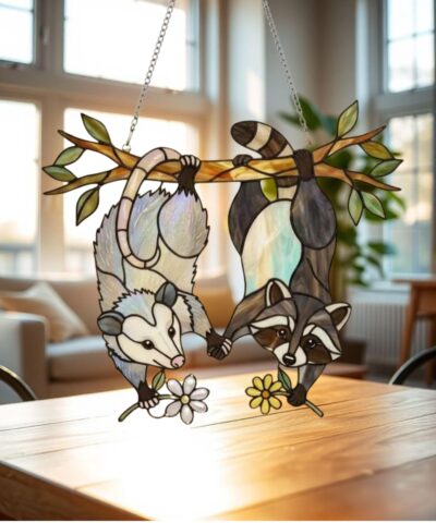 Possum Raccoon Floral Woodland Suncatcher