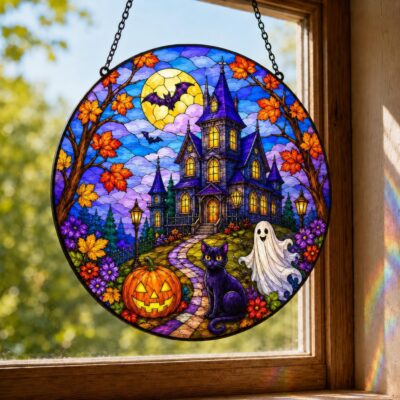 Halloween Haunted House Black Cat Suncatcher