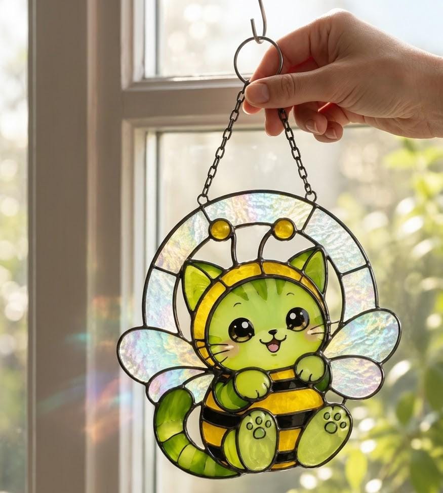 Bee Cat Whimsical Animal Suncatcher