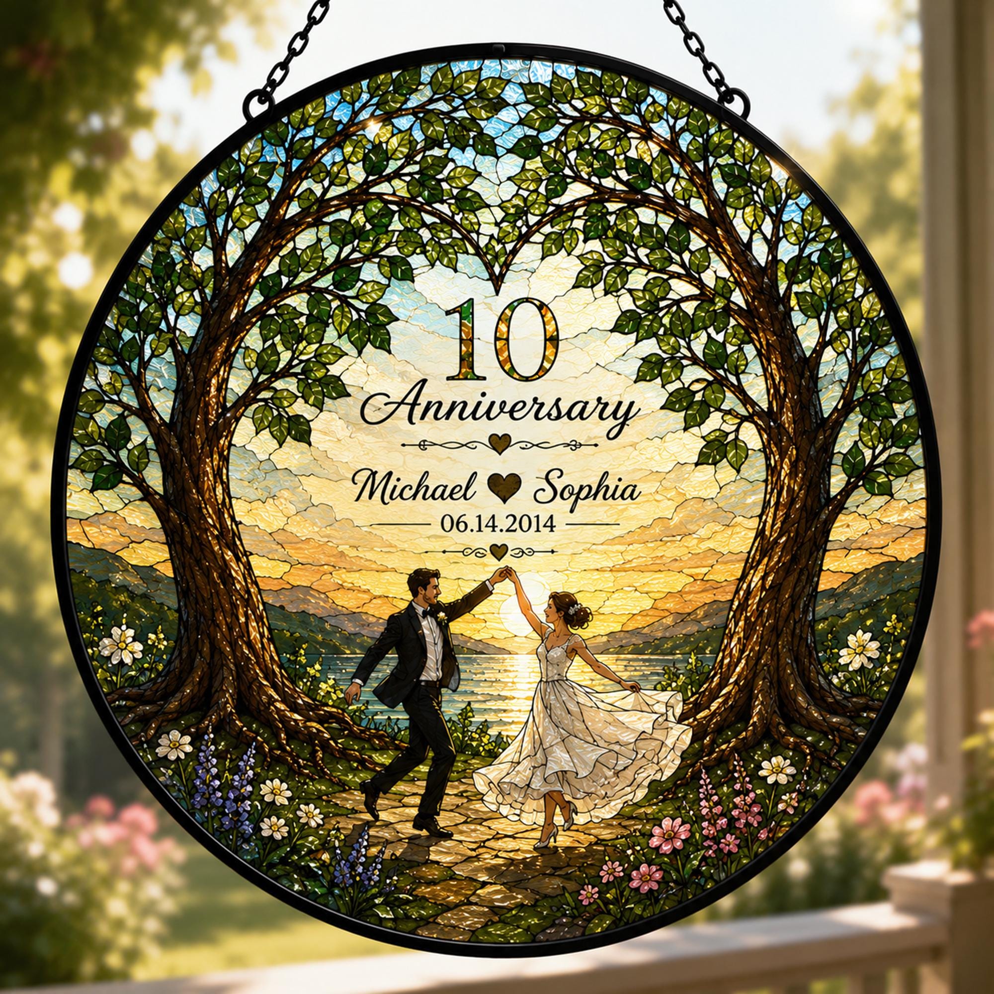 Anniversary Cherished Tree Couple Glass Suncatcher
