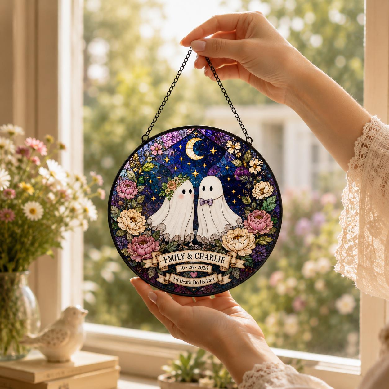 Eternal Halloween Ghost Couple Wedding Custom Suncatcher - Image 3