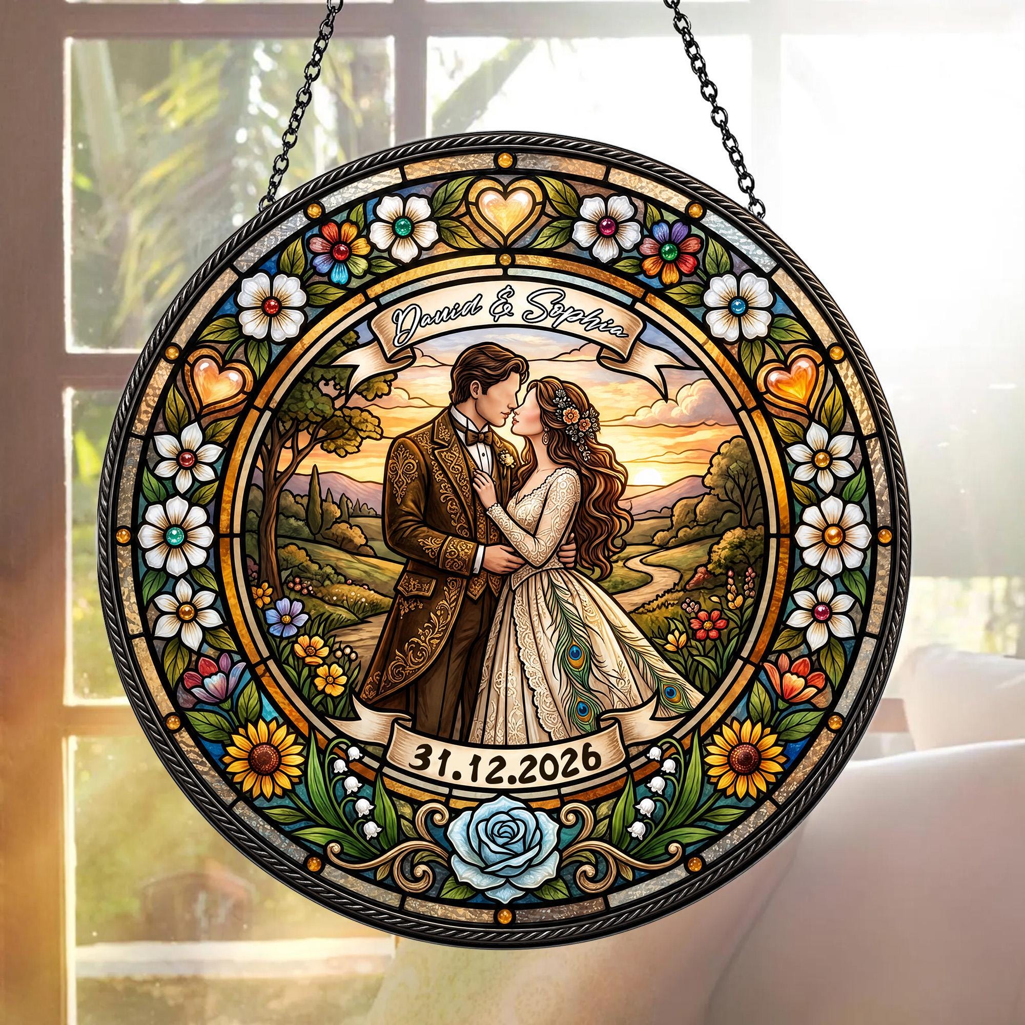 Tender Wedding Couple Date Custom Suncatcher