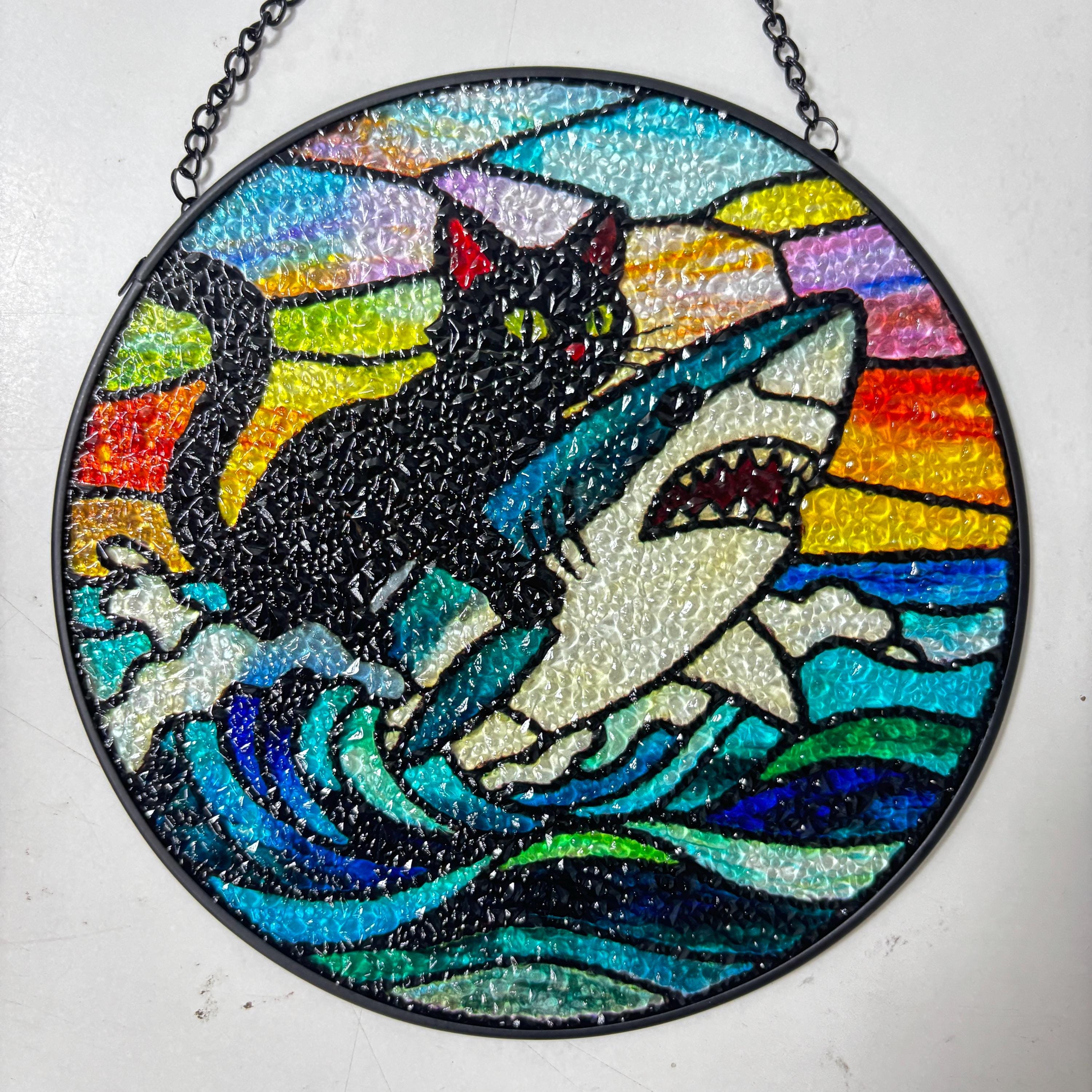 Cat Riding Shark Ocean Suncatcher - Image 3