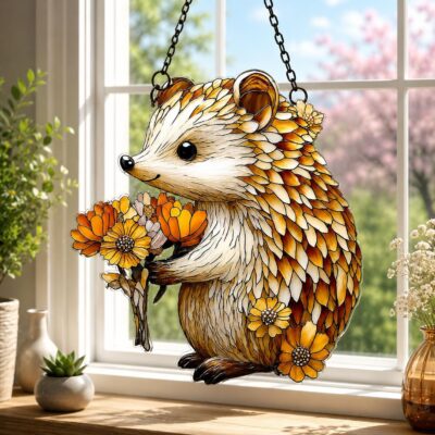 Hedgehog Sunflower Woodland Autumn Suncatcher