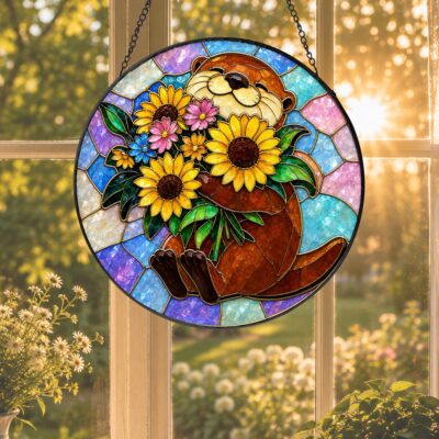 Otter Sunflower Woodland Glass Suncatcher