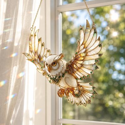 White Owl Flying Bird Suncatcher