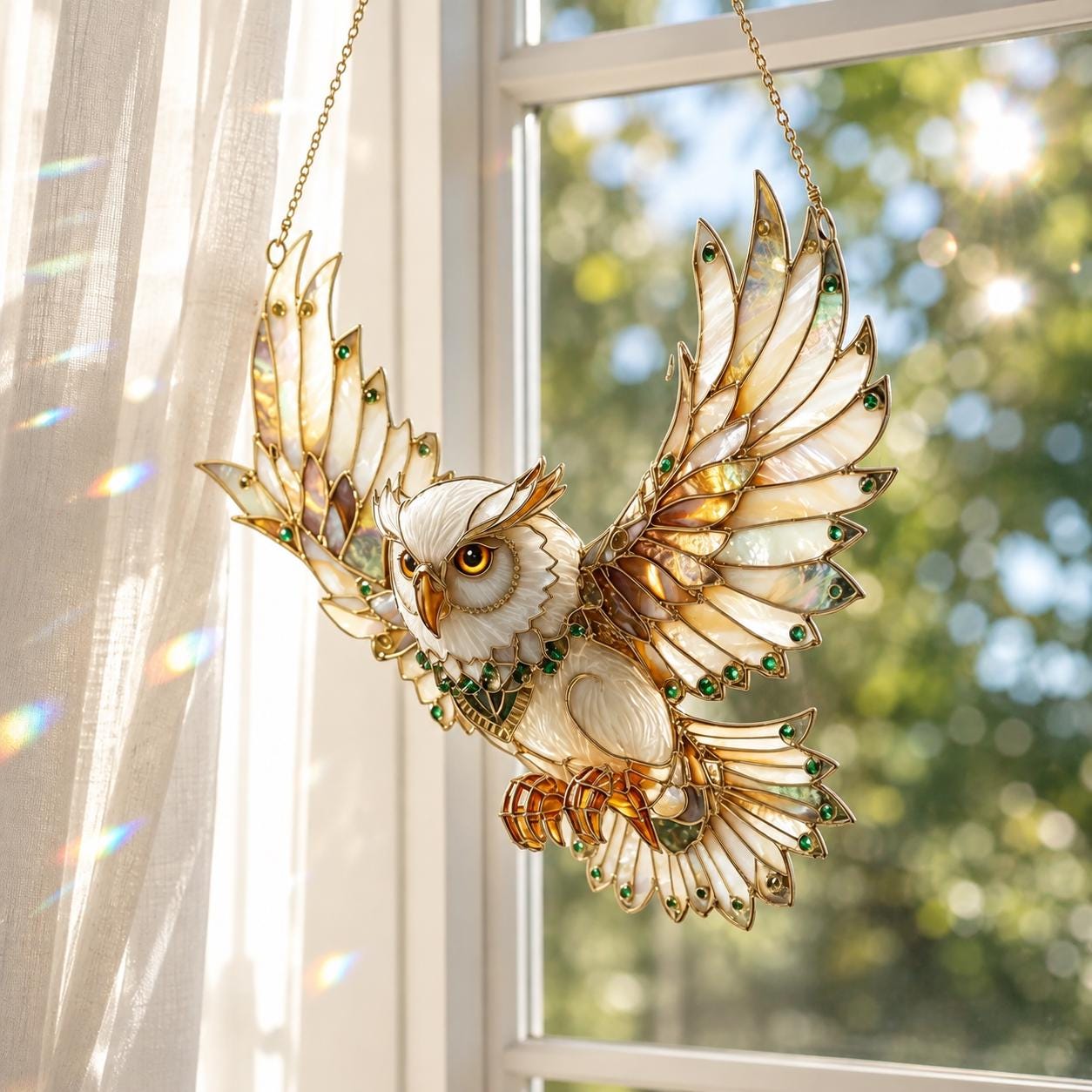White Owl Flying Bird Suncatcher