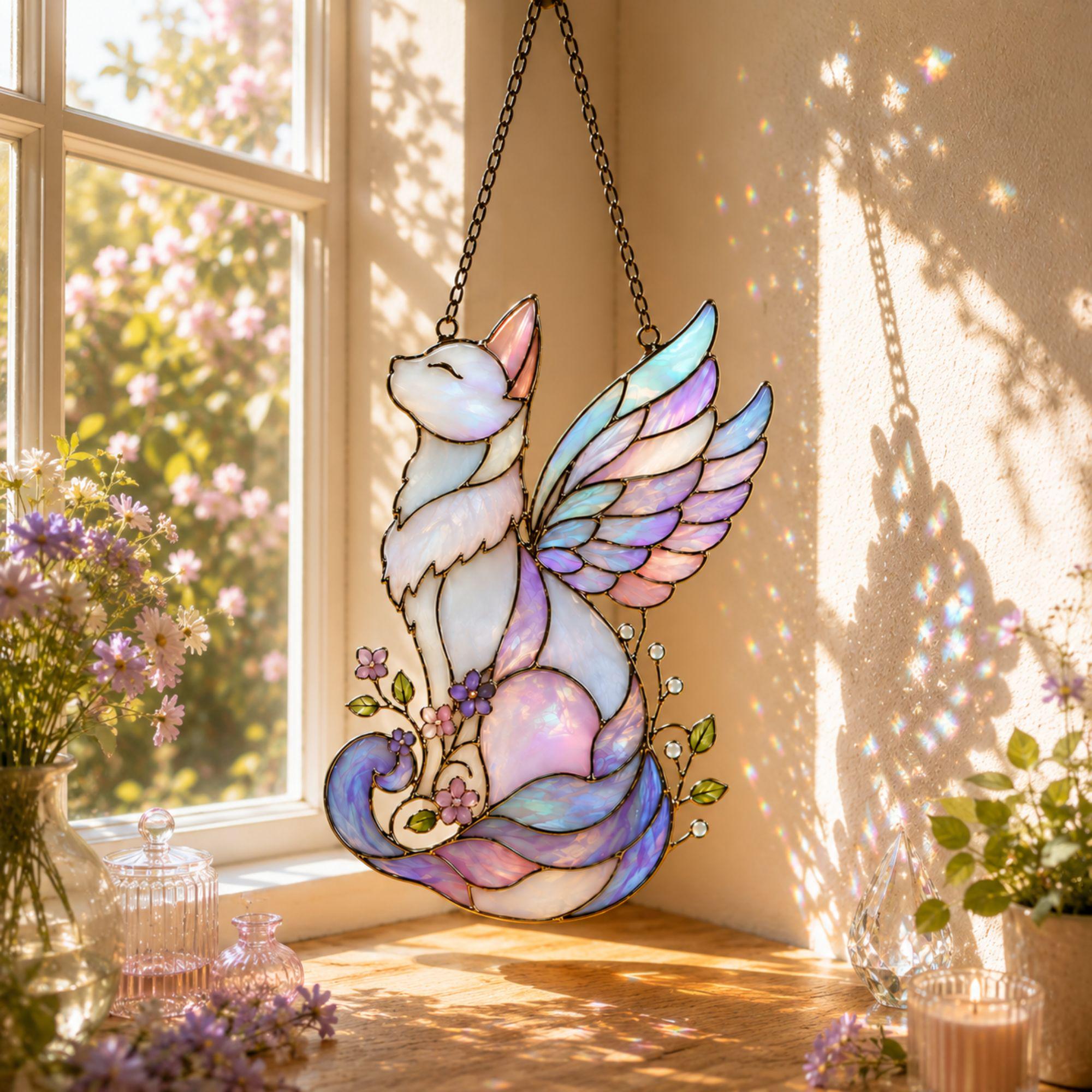 Winged Angel Cat Celestial Suncatcher