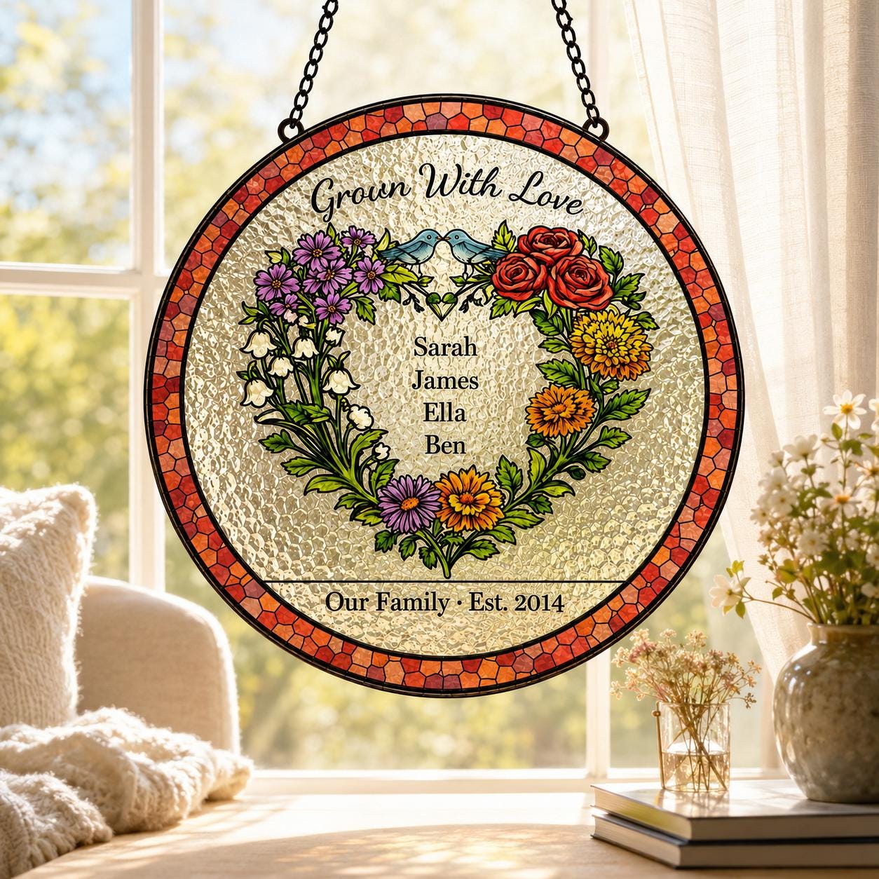 Family Birth Flower Heart Custom Suncatcher