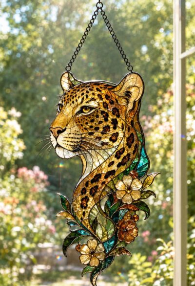 Leopard Floral Wildlife Acrylic Suncatcher