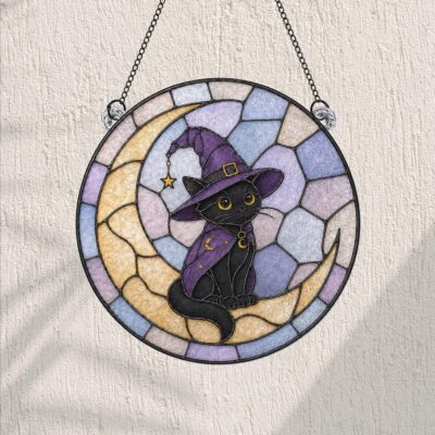 Black Cat Moon Halloween Witch Suncatcher