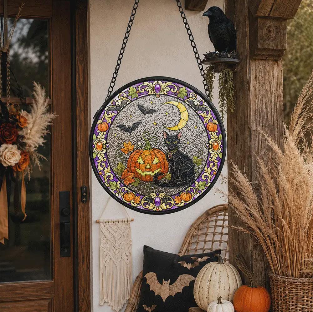 Black Cat Pumpkin Halloween Crescent Suncatcher - Image 2
