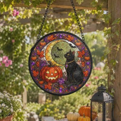 Moonlit Black Cat Pumpkin Halloween Suncatcher