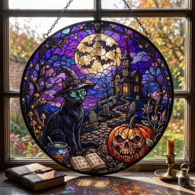 Black Cat Witch Halloween House Suncatcher