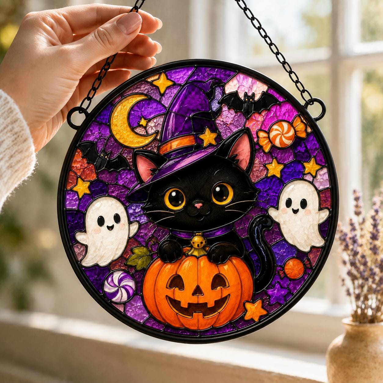 Black Cat Witch Halloween Ghost Suncatcher - Image 3