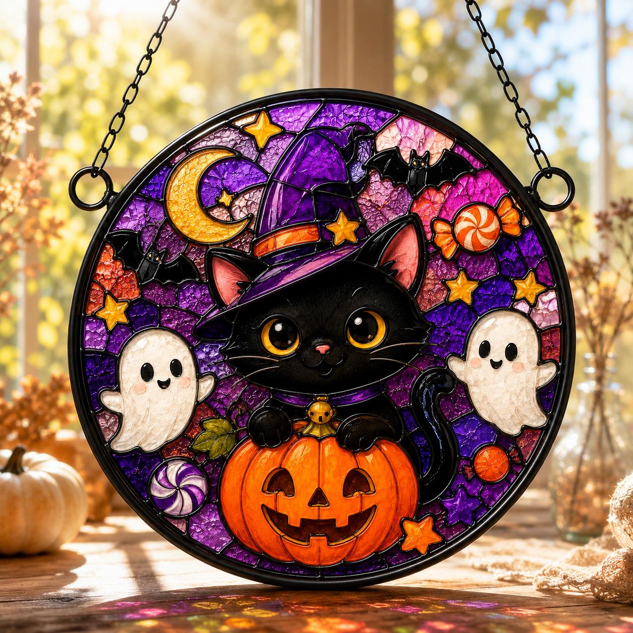 Black Cat Witch Halloween Ghost Suncatcher