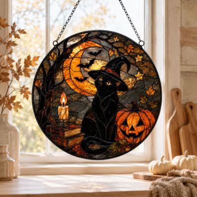Black Cat Witch Halloween Suncatcher