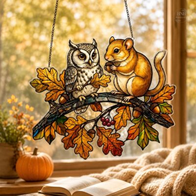 Owl Squirrel Autumn Woodland Suncatcher
