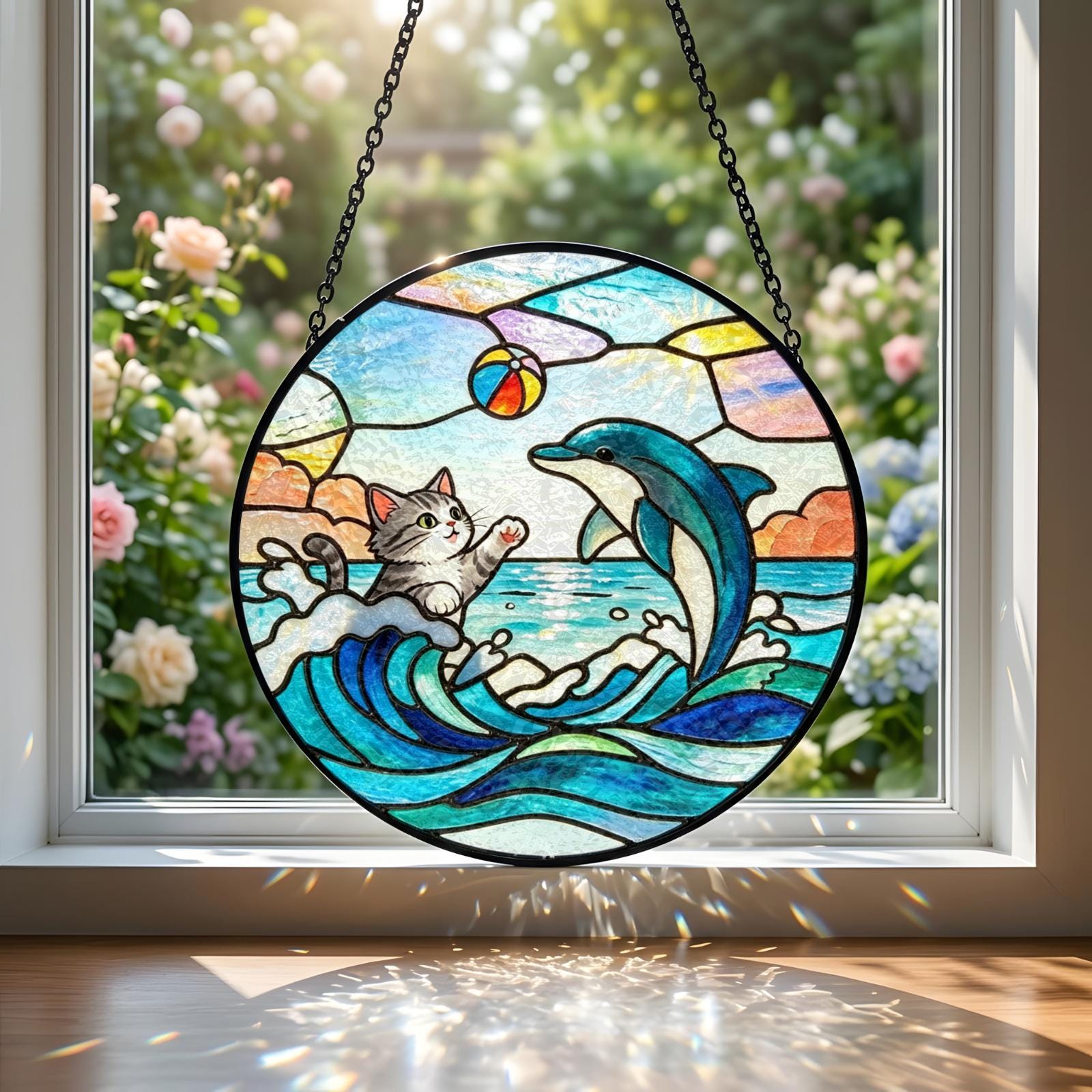 Cat Riding Shark Ocean Suncatcher - Image 2