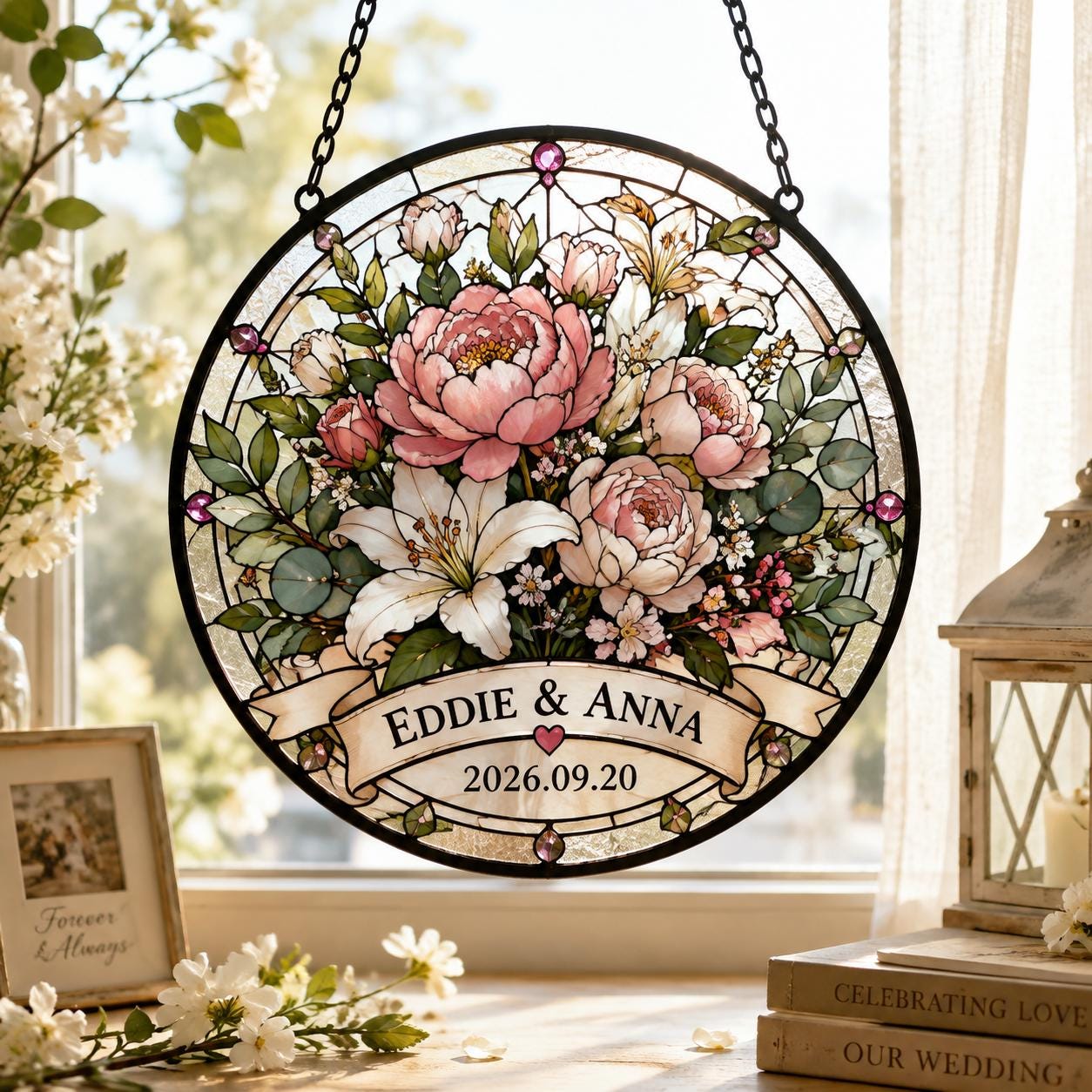 Heartfelt Floral Anniversary Keepsake Custom Suncatcher