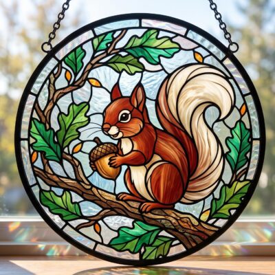 Squirrel Acorn Christmas Glass Suncatcher