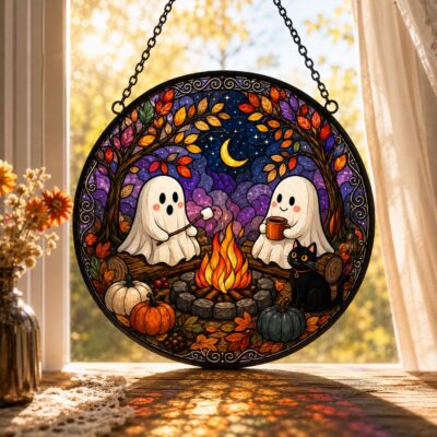 Black Cat Ghost Halloween Campfire Suncatcher