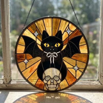 Black Cat Vampire Halloween Skull Suncatcher