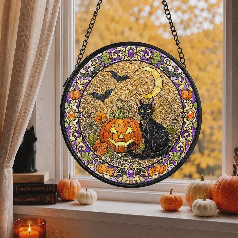 Black Cat Pumpkin Halloween Crescent Suncatcher - Image 3