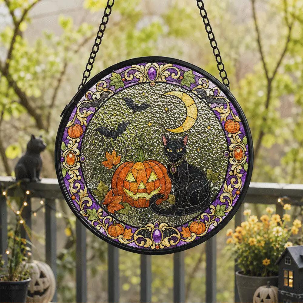 Black Cat Pumpkin Halloween Crescent Suncatcher - Image 4