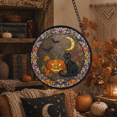 Black Cat Pumpkin Halloween Crescent Suncatcher