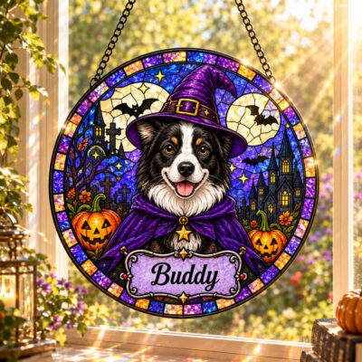 Personalised Halloween Witch Dog Suncatcher