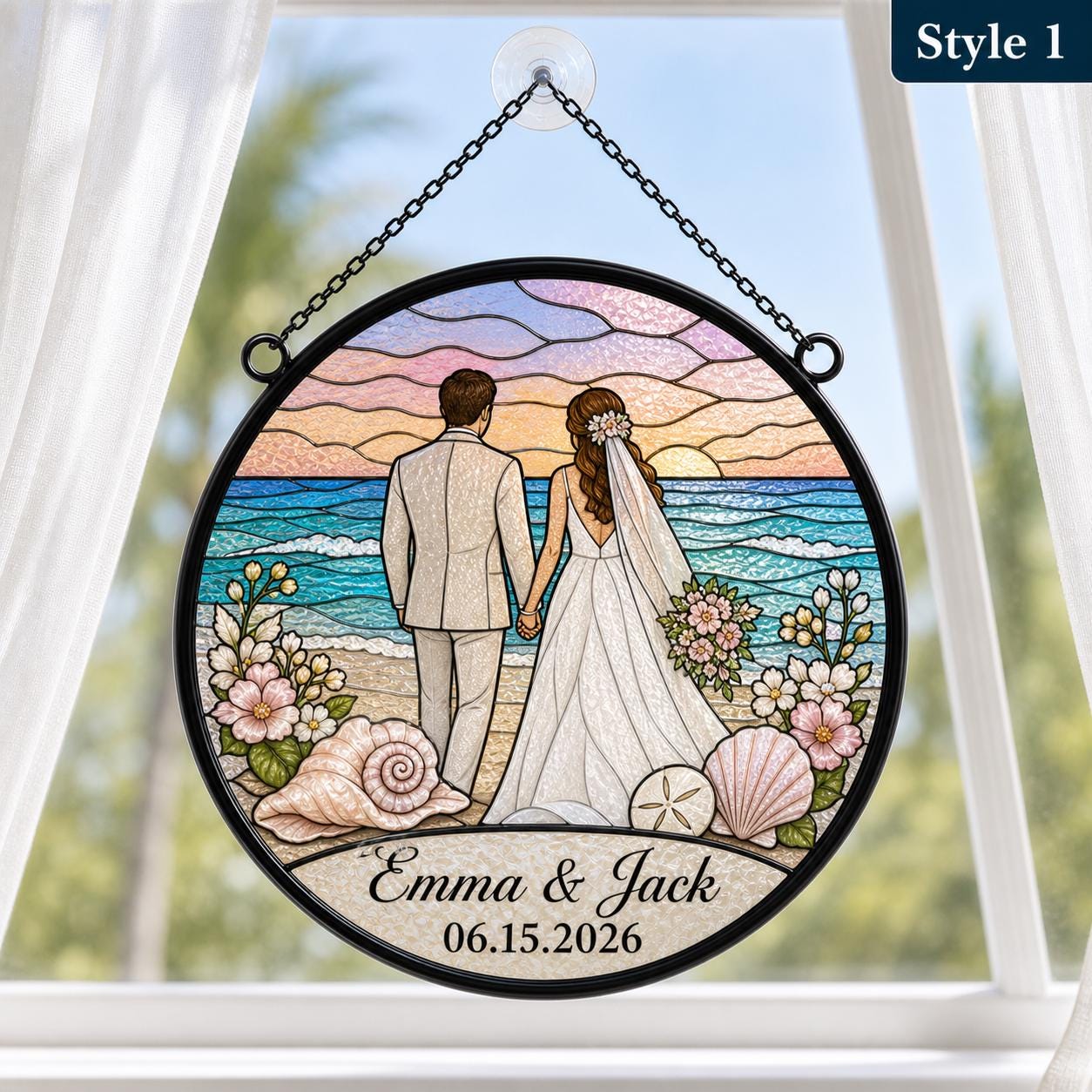 Romantic Beach Wedding Couple Custom Suncatcher