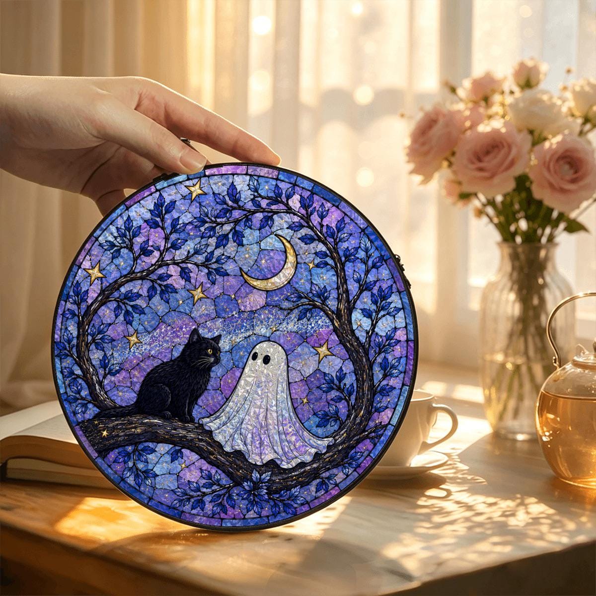 Black Cat Ghost Halloween Celestial Suncatcher - Image 2