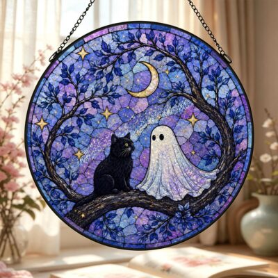 Black Cat Ghost Halloween Celestial Suncatcher