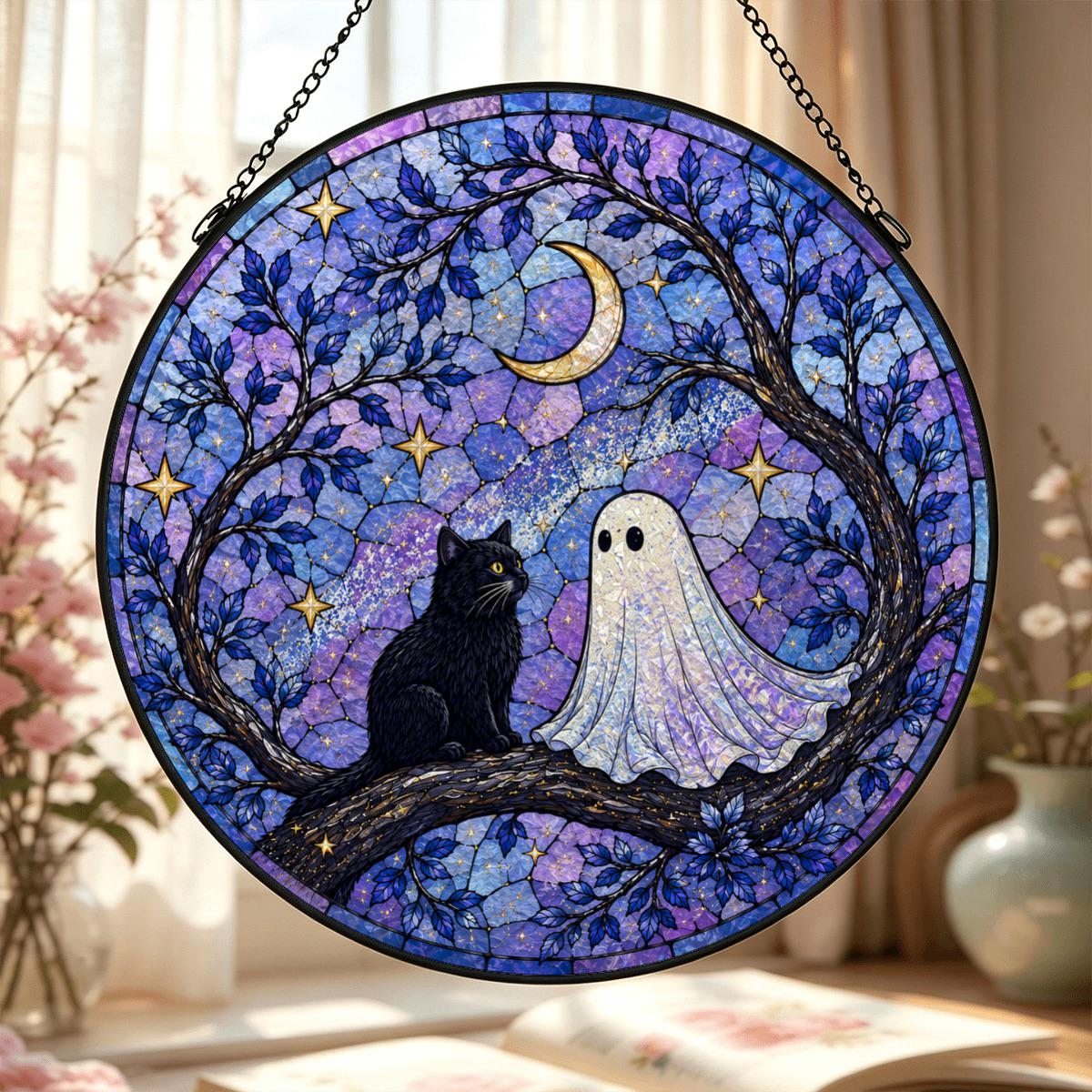 Black Cat Ghost Halloween Celestial Suncatcher