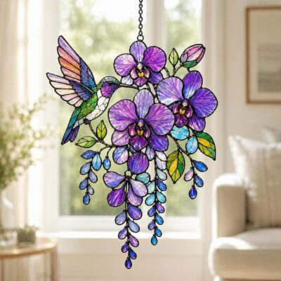 Hummingbird Purple Orchid Botanical Suncatcher